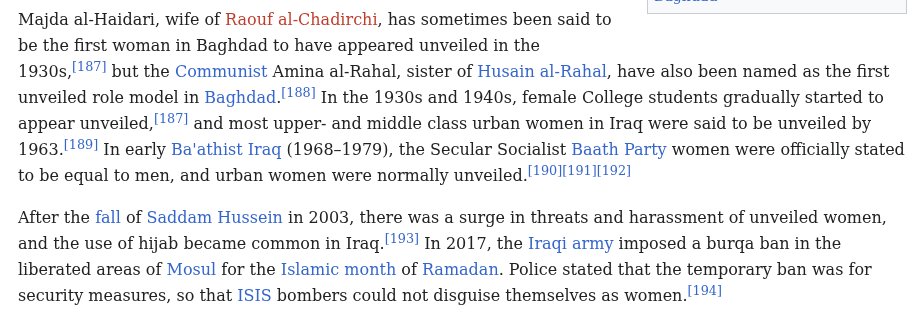 Liberty_Rocks's tweet photo. So your argument is that now in Iraq women don't have to wear burkas so the war in Iraq that killed a million people was worth it just to liberate these women from Burqas? First off thats ridiculous even if that were true. 

Secondly Burqas were not mandatory under Saddam's relatively secular government. However forced Burqas did spike after Saddam was overthrown. So a million people dead and thats just the Iraqi's, nevermind Americans, or all the terrorist groups that came after, but then 20 plus years later woman's status is back to were it was during Saddam. Bang up job America did their.