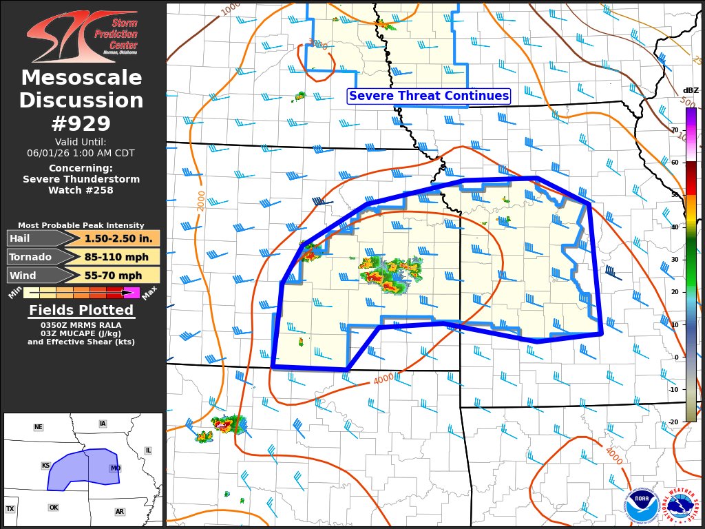 NWSSPC's tweet photo. 10:55pm CDT #SPC_MD 0929 , #mowx #kswx, https://t.co/fwZDh1bOCg https://t.co/KMOBmZTxl4