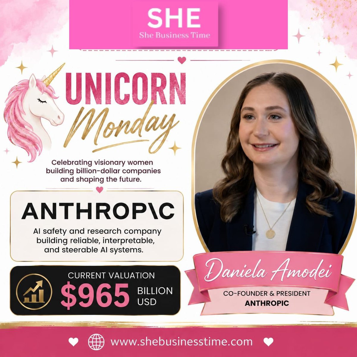 SheBusiness1's tweet photo. 🚀 #UnicornMonday | She Business Time
Spotlight on Anthropic — one of the world's leading AI innovators, helping shape the future of safe and responsible artificial intelligent 
#SheBusinessTime #Anthropic #DanielaAmodei #WomenInLeadership #AI #TechInnovation #StartupSuccess https://t.co/w6kq221D8j