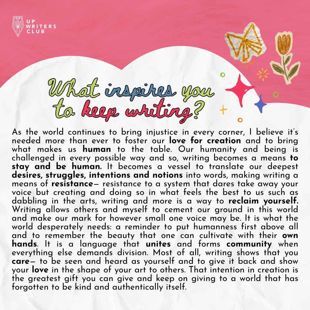 UPWritersClub's tweet photo. As May comes to an end, let's learn about the blooming Writer of the Month! 🌥🌷

Take a sneak peek to the mind of a creative writer through Vienna's Q&amp;A and works ~ 💭🎨

Pubmat and Caption by: Zaeda Wadi

#UPWritersClub #ManunulatNgBayan https://t.co/hdnRPoy8c3