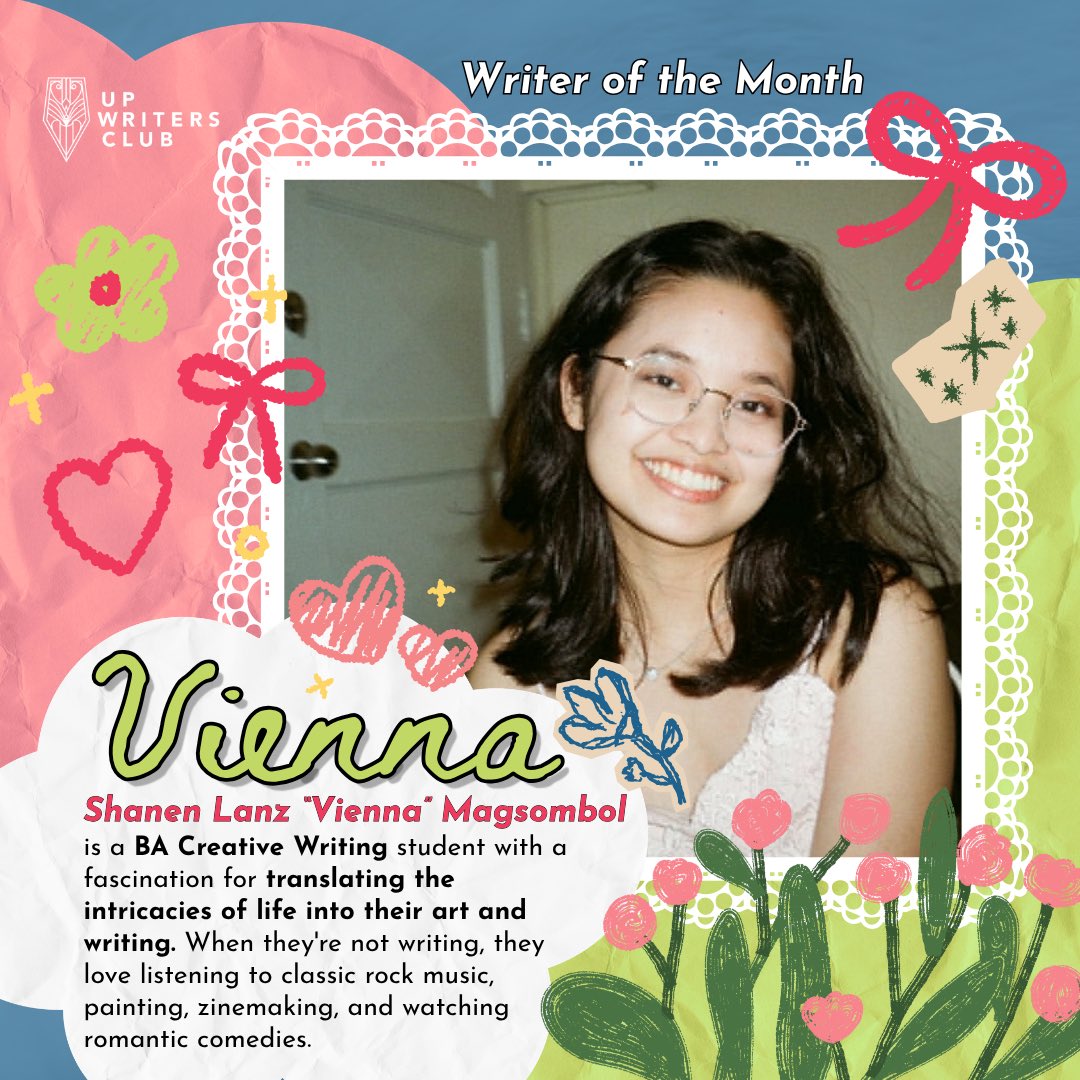 UPWritersClub's tweet photo. As May comes to an end, let's learn about the blooming Writer of the Month! 🌥🌷

Take a sneak peek to the mind of a creative writer through Vienna's Q&amp;A and works ~ 💭🎨

Pubmat and Caption by: Zaeda Wadi

#UPWritersClub #ManunulatNgBayan https://t.co/hdnRPoy8c3