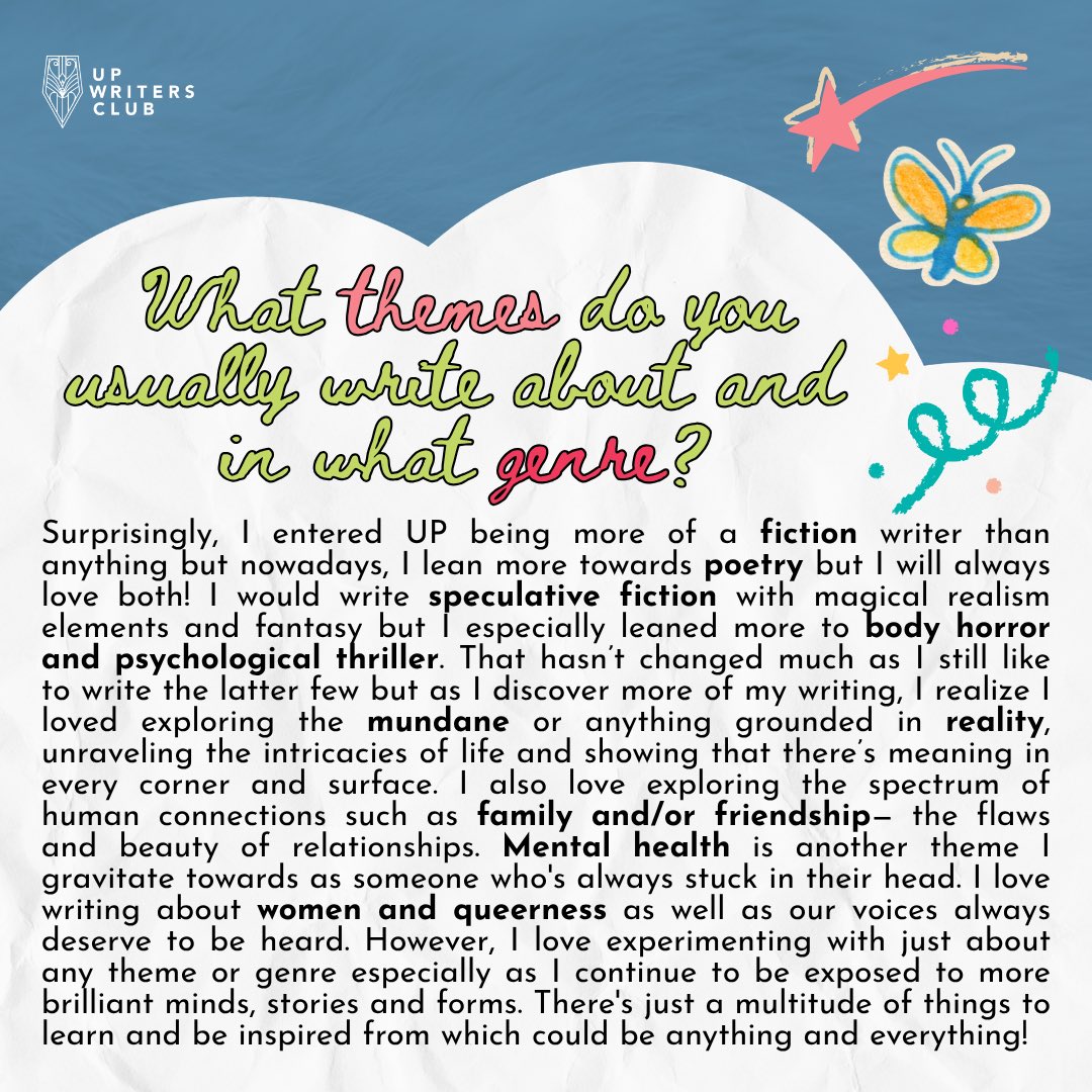UPWritersClub's tweet photo. As May comes to an end, let's learn about the blooming Writer of the Month! 🌥🌷

Take a sneak peek to the mind of a creative writer through Vienna's Q&amp;A and works ~ 💭🎨

Pubmat and Caption by: Zaeda Wadi

#UPWritersClub #ManunulatNgBayan https://t.co/hdnRPoy8c3