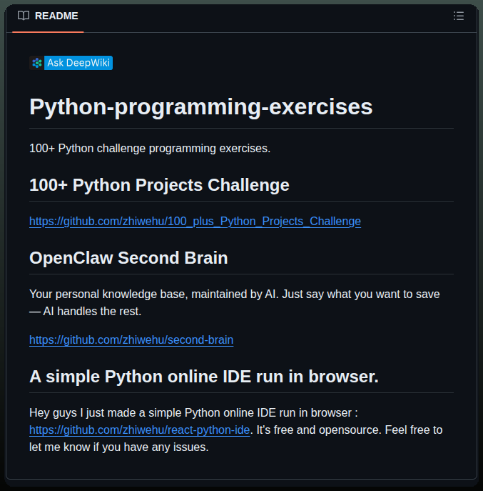 tom_doerr's tweet photo. 100+ challenging Python programming exercises

https://t.co/rp3B6MdnH4 https://t.co/KuWlqmtmjz