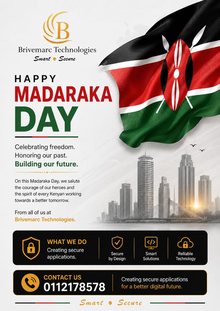 VansKE027's tweet photo. 🇰🇪 Celebrating freedom. Honoring our heroes.
Happy Madaraka Day from Brivemarc Technologies.

We create secure systems apps and websites for Kenya's digital future.

Web  https://t.co/ZX8lYX7W8Q

#MadarakaDay  #TechKenya #Innovation #DigitalTransformation #Brivemarctechnologies https://t.co/85OIYumf38