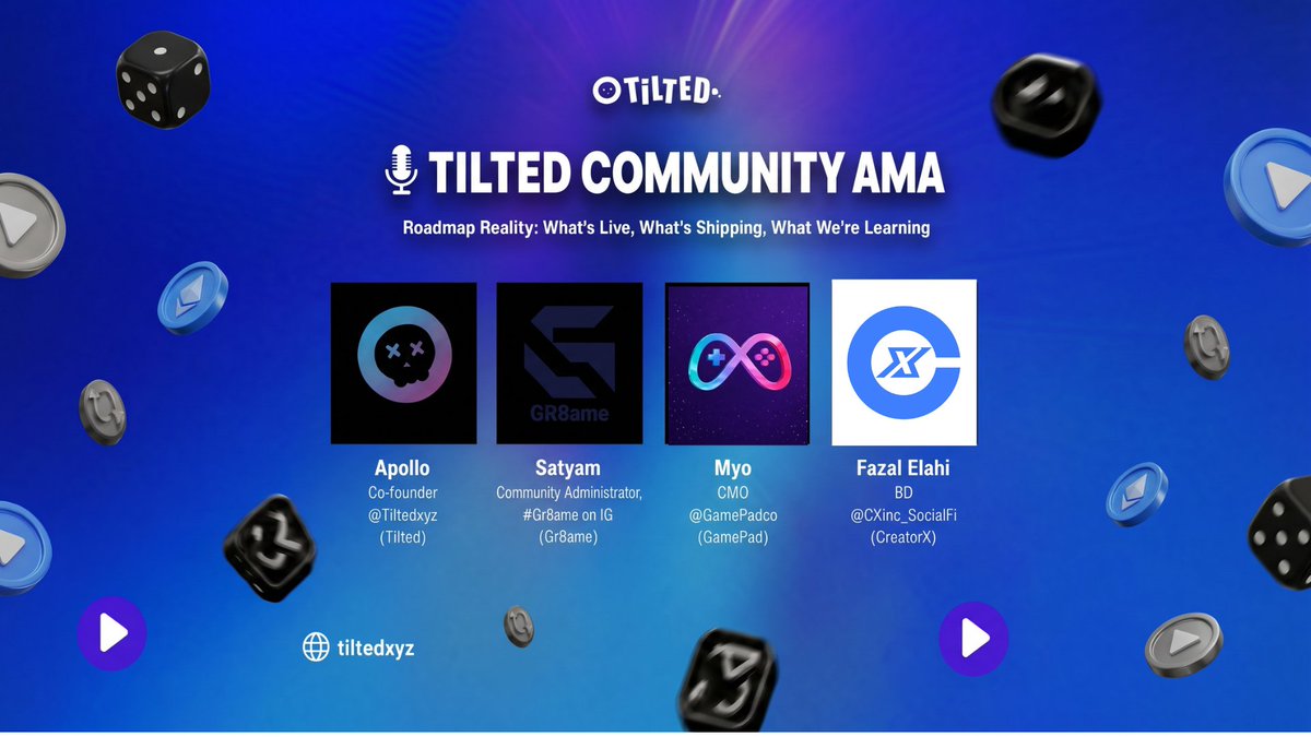 tiltedxyz's tweet photo. 🎙️ TILTED COMMUNITY AMA

Roadmap Reality: What's Live, What's Shipping, What We're Learning

No hype. Just receipts. A grounded look at what's actually built, what's next, and what we're learning along the way.

🗓 June 1⏰ 8AM UTC
📍 Tilted Discord https://t.co/1JMYHdudCI

🔥 Host:
• Apollo — Co-founder @Tiltedxyz (Tilted)

🔥 Speakers:
• Myo — CMO @GamePadco (GamePad) 
• Fazal Elahi — BD @CXInc_SocialFi (CreatorX) 
• Satyam — Community Administrator, #Gr8ame on IG (Gr8ame)

📌 What we're covering:
• What's live right now across each project 
• What's shipping next — and what got pushed back, honestly 
• Lessons from the build cycle so far 
• Open Q&A — bring the hard questions

Set your reminder ⤵️