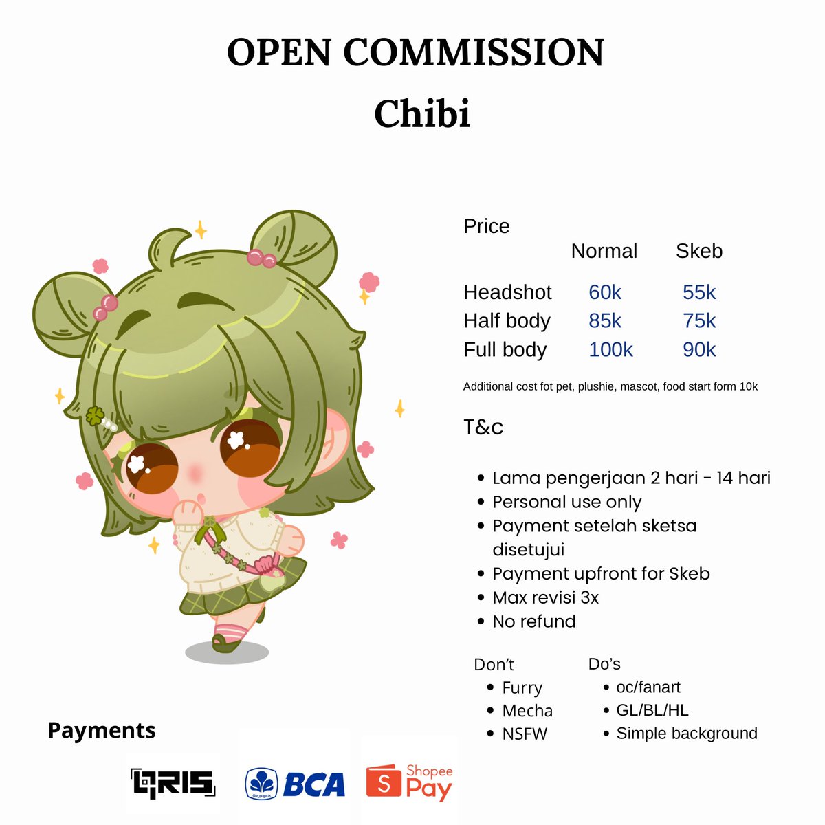 saoskechup's tweet photo. [♥️ &amp; 🔁 are very appreciated]

✨ COMMISSION OPEN ✨

Hello!! I’m opening chibi commission

Bagi yg tertarik bisa langsung dm aku ^^

#commissionsopen  #opencommission #artidn #zonakaryaid https://t.co/Tm05XbSlzR