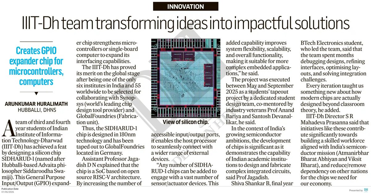 arunkbh's tweet photo. #Hubballi-#Dharwad
. @dharwad_iiit team come up with #silicon chip for microcontrollers, computers
@DeccanHerald @anithapailoor @HubliCityeGroup @Hubballi_Infra @hublimandi @Namma_HD @Namma_Dharwad @DharwadIiit https://t.co/SVRhbhuuTu