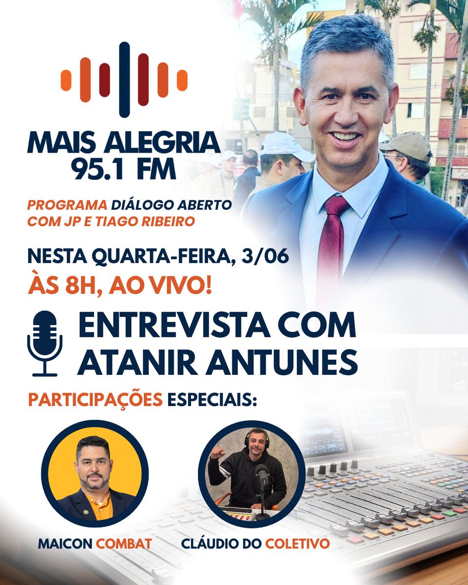 maiconcombatsc's tweet photo. 🎙ATENÇÃO QUERIDO OUVINTE!

Nesta próxima quarta, 3/6, estaremos no ar, na Rádio Mais Alegria 95.1 , no programa Diálogo Aberto, para entrevistar o convidado especial sr Atanir Antunes , especialista em trânsito e mobilidade. 📻 Nos acompanhe ao vivo, a partir das 8h! Até lá! https://t.co/raAeckiPnl