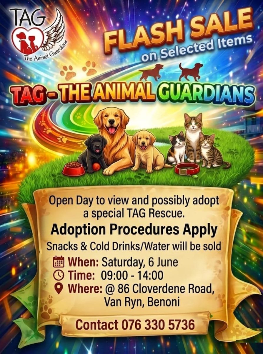 AnnaTAG2's tweet photo. Flash sale and open day at TAG,  Saturday the 6th of June 2026, 9h00 to 14h00 
TAG,  86 Cloverdene road Van Ryn Benoni 🤗🐾 https://t.co/S3TDL2PwOu