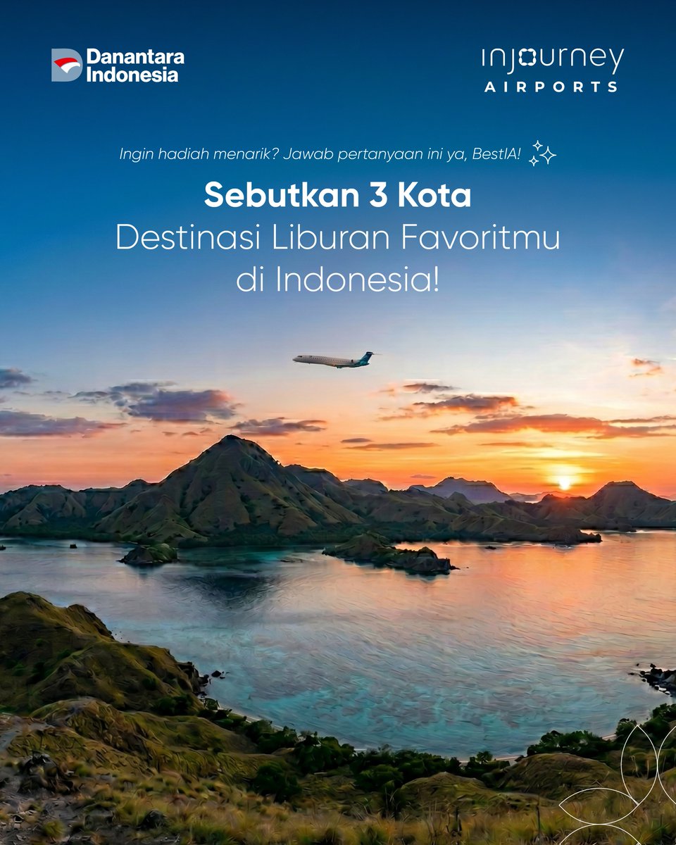 INJairports's tweet photo. Eiiiits udah mau musim liburan aja... ikutan kuis ini yuk, BestIA! ✈️ 🏖️ 👀

Kita lagi punya hadiah asik senilai Rp1 juta untuk 5 orang beruntung, nih! 👀

Tertariiiiiik? Yuk, langsung jawab pertanyaan di atas aja, ya! 😁👆🏼

Cek syarat dan ketentuannya:

🤳🏻 Follow akun X dan Instagram @injourneyairports
❤ Like postingan di X dan Instagram!
💌 Share postingan ini!
💬 Tulis jawabanmu di kolom komentar Instagram InJourney Airports!
✅ Pastikan akunmu tidak di-private
🗓 Periode berlangsung sampai 28 Juni dan akan diumumkan pada 29 Juni 2026 di Instagram InJourney Airports!

Semangat! ✈

#AngkasaPuraIndonesia
#InJourneyAirports
#MelayaniSepenuhHati
#BanggaBandaraIndonesia
#DanantaraIndonesia