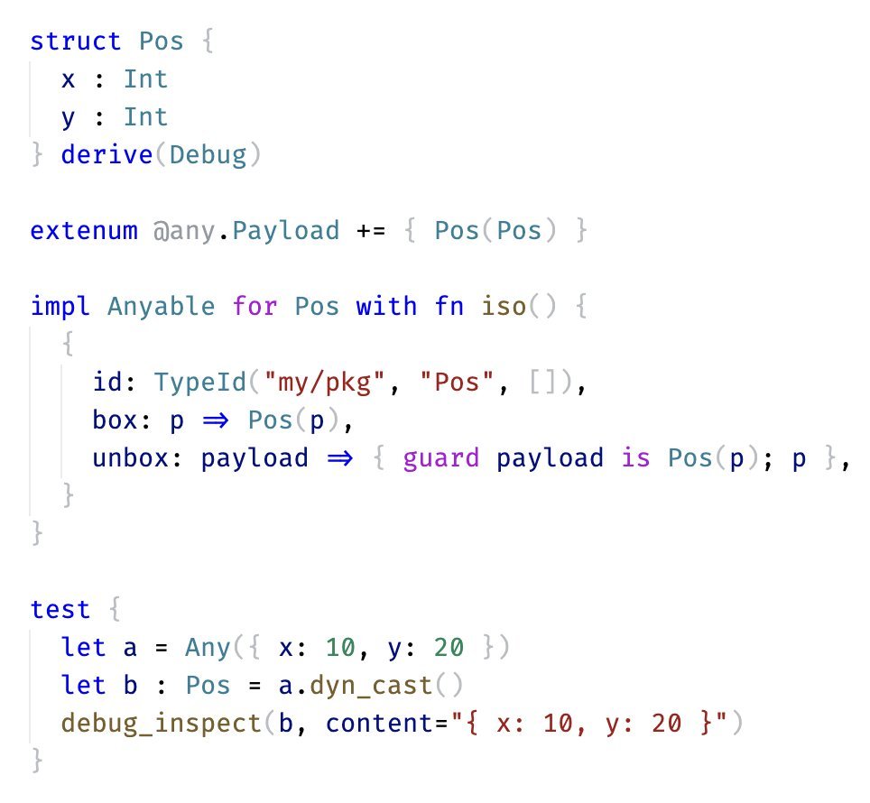 Yorkin___'s tweet photo. Any downcast isn’t supported in MoonBit yet due to wasm-gc limitations.

Current workarounds use unsafe intrinsics or JSON conversion, but that either gives up Wasm-gc or hurts performance.

Any better workaround? Check this:
https://t.co/MLCou0mrLa https://t.co/7fZUyCxUFA