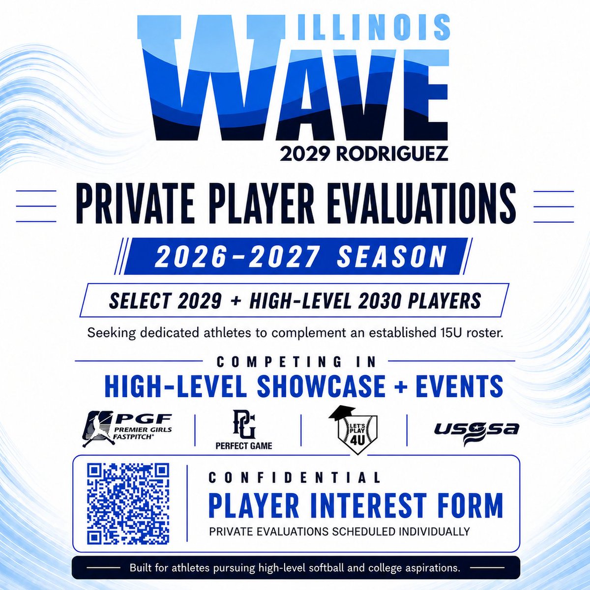 ILWaveRodriguez's tweet photo. 🌊🥎 PRIVATE PLAYER EVALUATIONS — Illinois Wave 2029–Rodriguez (15U) 🥎🌊

Illinois Wave 2029–Rodriguez is selectively evaluating high-level athletes for the 2026–2027 season.

Not an open tryout. Not a roster rebuild.

Established roster. Premier competition. Selective additions only.

If you know Illinois Wave and this team, you already know the standard.

This team competes in PGF, Perfect Game (PG), LP4U, USSSA OPEN, Alliance, and other premier showcase events throughout the year.

Our philosophy is simple: “We Not Me.”

2029 athletes preferred. Select high-level 2030 athletes may also be considered.

All Interested players must compete the confidential interest form:
 https://t.co/N14g2BeunH

For more info, contact Coach Dave Rodriguez
E: ILWave2029Rodriguez@gmail.com
M: (312) 505-2634

#IllinoisWave #WeNotMe #PGFSoftball #TravelSoftball