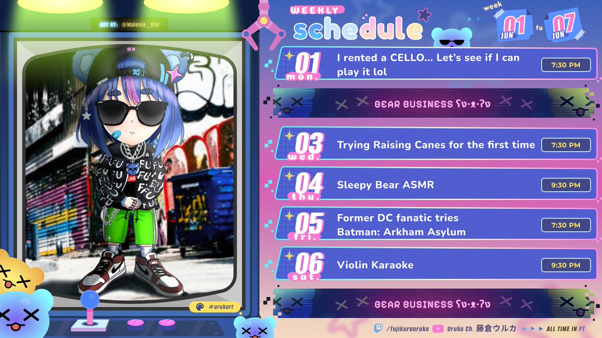 fujikurauruka's tweet photo. 🔊6.1 - 6.7 SCHEDULE🔊
🐻Hello new Urufugang I am Uruka the blue music bear, nice to meet you!
🐻Let's see how Violin Bear fares on Cello (mega violin)
🐻 Gimme recs for Raising Canes 🫴
🐻No way Uruka is actually playing a GAME😱 https://t.co/7tR3weTY3A