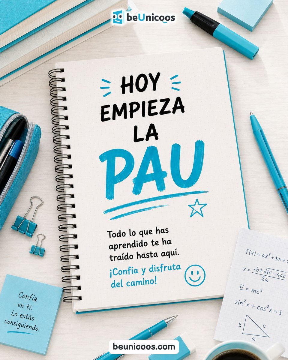 beunicoos's tweet photo. 📚✨ Hoy empieza la PAU.
Han sido meses de esfuerzo, madrugones, apuntes y nervios. Ahora toca confiar en todo lo que habéis trabajado durante el curso y afrontar cada examen paso a paso.
Muchísimo ánimo a todos/as. ¡A por ello! https://t.co/WaVYex1v25