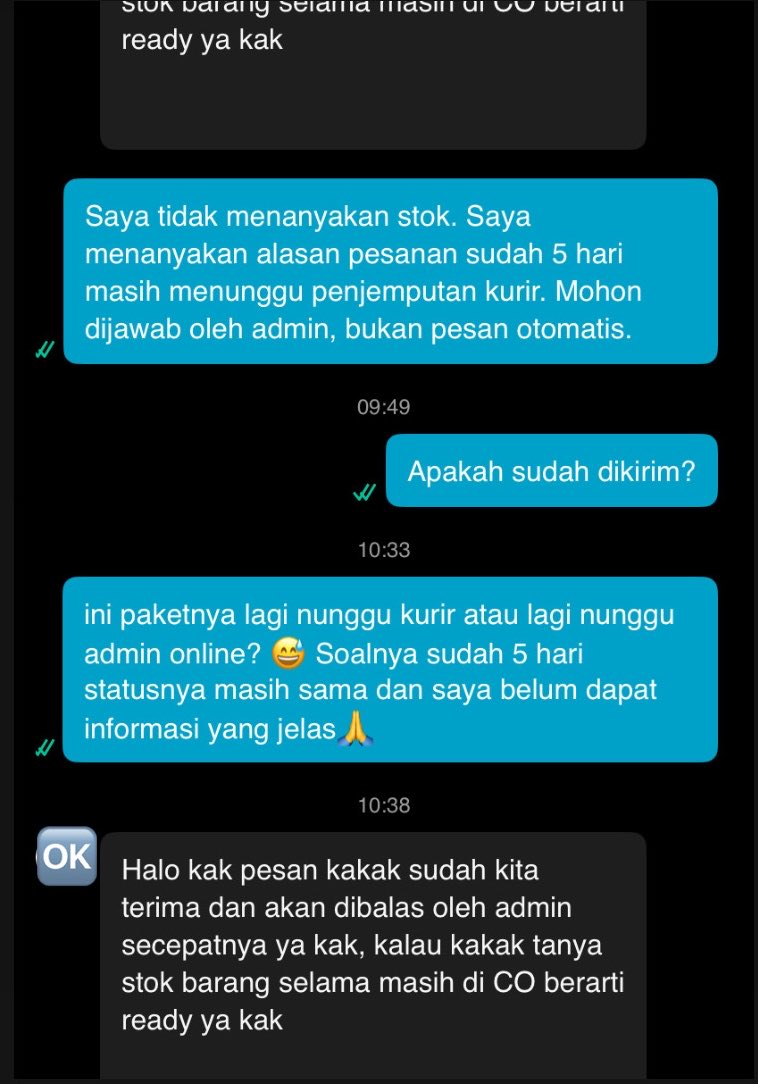 clcrynn's tweet photo. is this normal guys?? it's been 5 days and my order is still "waiting for courier pickup" chat juga dibalas pesan template terus😭 apa kurir di jakut udh langka ya? bertanya dgn nada yang sangat sopan dan menundukan kpla🙏
no salty pls https://t.co/umA7jneQk8