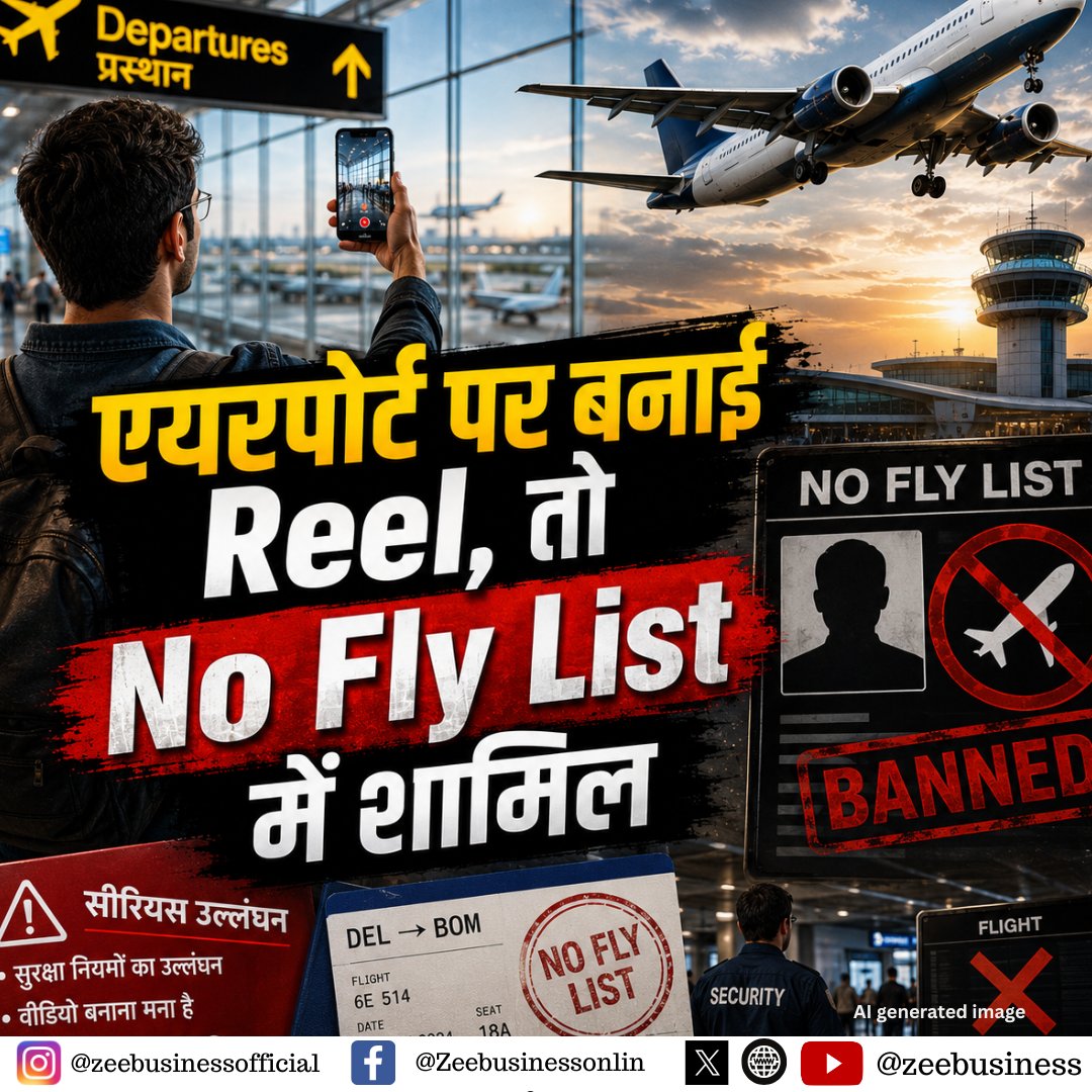 ZeeBusiness's tweet photo. अब एयरपोर्ट पर Reel बनाने पर लगी रोक। नियम तोड़ने पर No Fly List में किया जाएगा शामिल।
#AirportReels #NoFlyList #AirportRules https://t.co/0v4KozqB2q