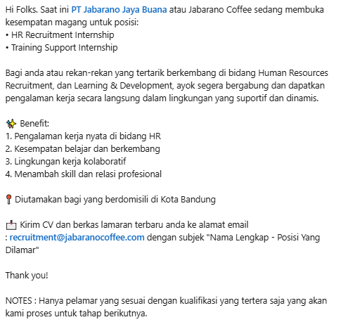 disiniloker's tweet photo. ๐ข Info lowongan kerja (loker)/Magang/Intern
PT Jabarano Jaya Buana
๐งโ๐ปHR Recruitment, Training Support
๐ Kota Bandung
๐ Kirim CV ke: recruitment@jabaranocoffee.com
subjek: Nama Lengkap - Posisi Yang Dilamar
#disinimagang #magang #internship #infomagang #infointernship https://t.co/sc35KVWB2C