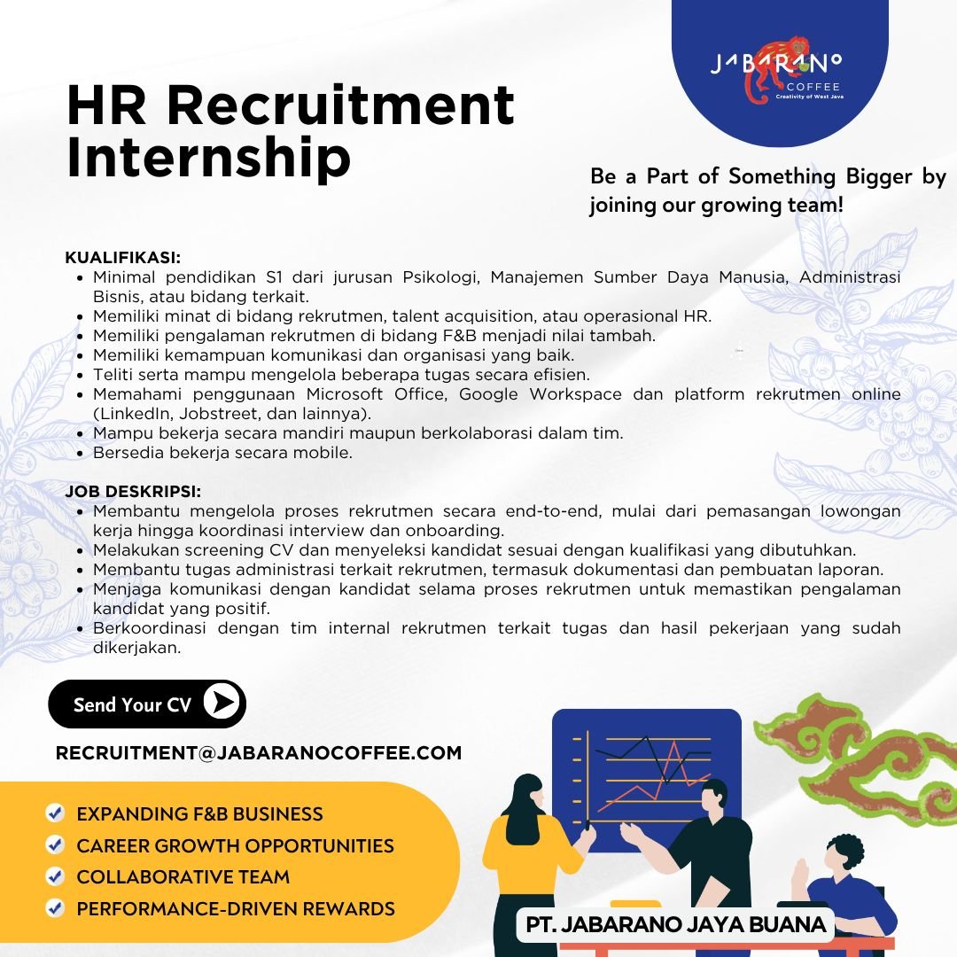 disiniloker's tweet photo. ๐ข Info lowongan kerja (loker)/Magang/Intern
PT Jabarano Jaya Buana
๐งโ๐ปHR Recruitment, Training Support
๐ Kota Bandung
๐ Kirim CV ke: recruitment@jabaranocoffee.com
subjek: Nama Lengkap - Posisi Yang Dilamar
#disinimagang #magang #internship #infomagang #infointernship https://t.co/sc35KVWB2C