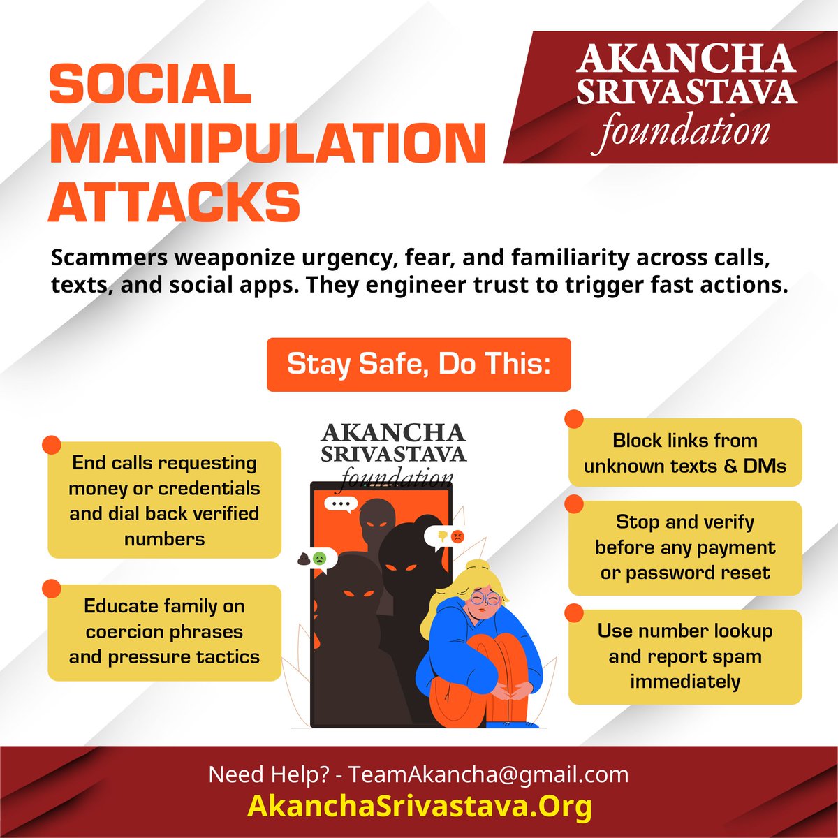 AkanchaS's tweet photo. Scammers exploit urgency, fear, and emotional pressure to manipulate victims across calls, messages, and social platforms. Criminals create panic and false trust to push people into sharing money, passwords, OTPs, or personal information without verification. Pause, verify independently, and report suspicious communication immediately to protect yourself and your family from social manipulation attacks.
#AkanchaSrivastavaFoundation #India #CyberSafety