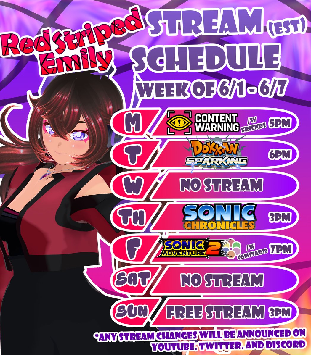 RedStripedEmily's tweet photo. STREAM SCHEDULES ARE BACK!!!

Now that I’m out of college, I’m gonna try and be more on top of posting schedules for my streams! Hopefully y’all like the slightly revamped layout! https://t.co/5dyjhTZUPR
