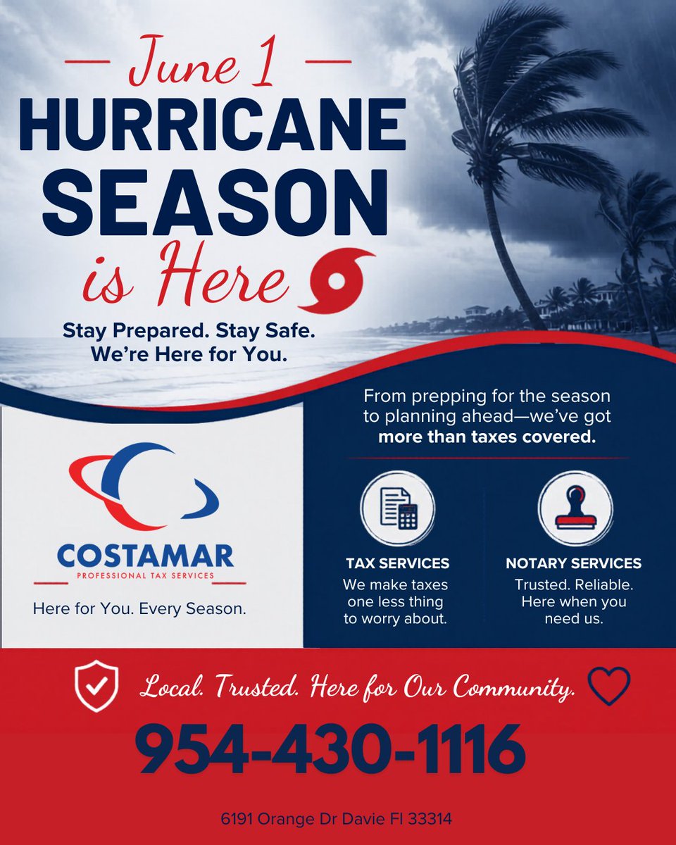 costamarprotax's tweet photo. 🌀 Hurricane season is officially here, and now is the time to prepare. Whether you need important paperwork notarized, copies of essential records, or assistance with tax-related documents, we're ready to serve our community before, during, and after the storm season. https://t.co/dQomaJawIC