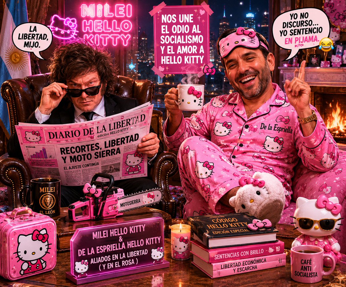 Huttiman's tweet photo. @JMilei Hello Kitty y @AbelardoPTE Hello Kitty:
dos hombres que hablan de libertad económica con la intensidad de un villano de anime… pero espiritualmente a un sticker de cuaderno escolar. 💼🎀🧨.. ah, pero los maricas y pocos hombre somos otros. https://t.co/OUXeTcHxs7