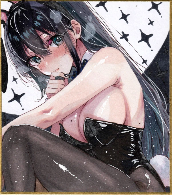 黒バニーちゃん ̖́- アナログイラスト オリジナルイラスト 色紙
