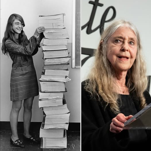 mathemetica's tweet photo. Left: Margaret Hamilton in 1969, standing next to the stack of Apollo Guidance Computer code she and her team wrote by hand; taller than she was.

Right: The same legend, decades later.

From handwritten code that got us to the Moon... to a lifetime of breaking barriers in software engineering.