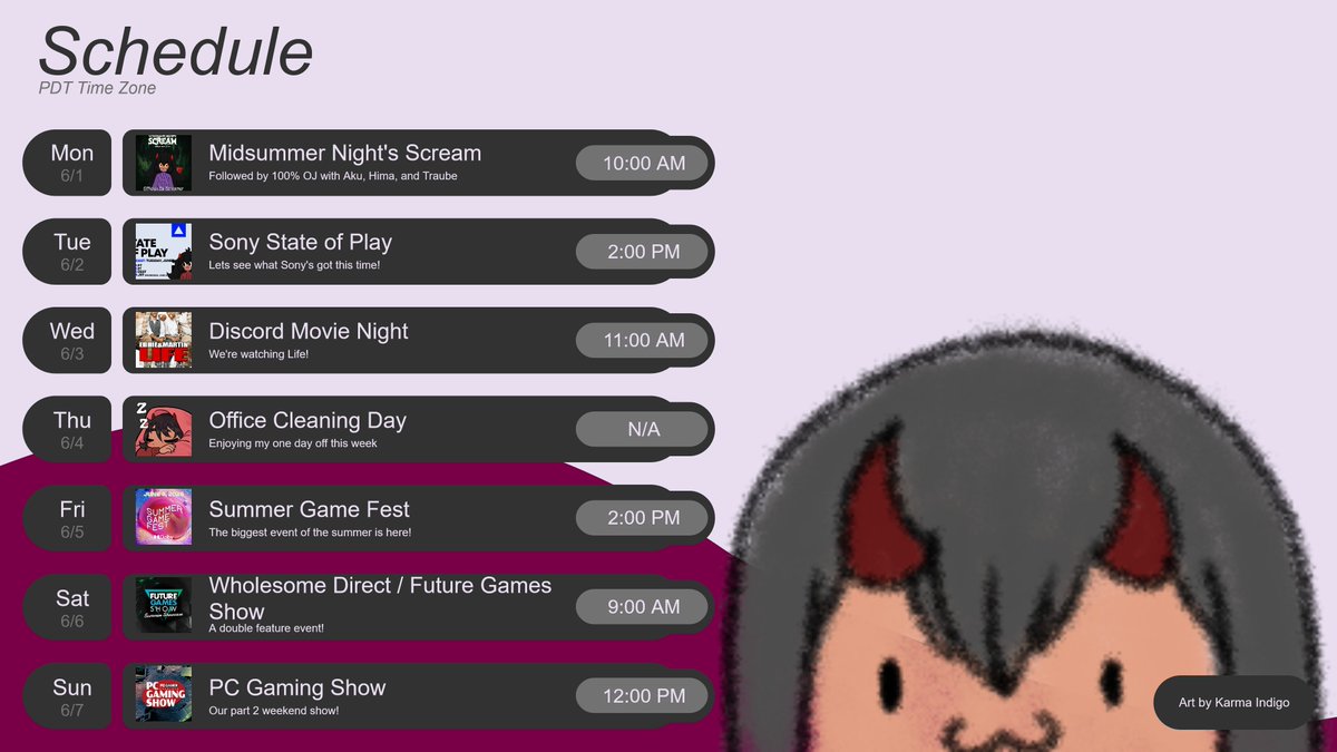 JayKayVT's tweet photo. Here's whats going on this week!
       ~June 1st - June 7th~

This week brings us SO MANY shows! Literally every day we have an event to go over! From horror to wholesome, and all things in between, it's a great summer showcase event!

Hope to see you there~ https://t.co/bqQzNPSfYg