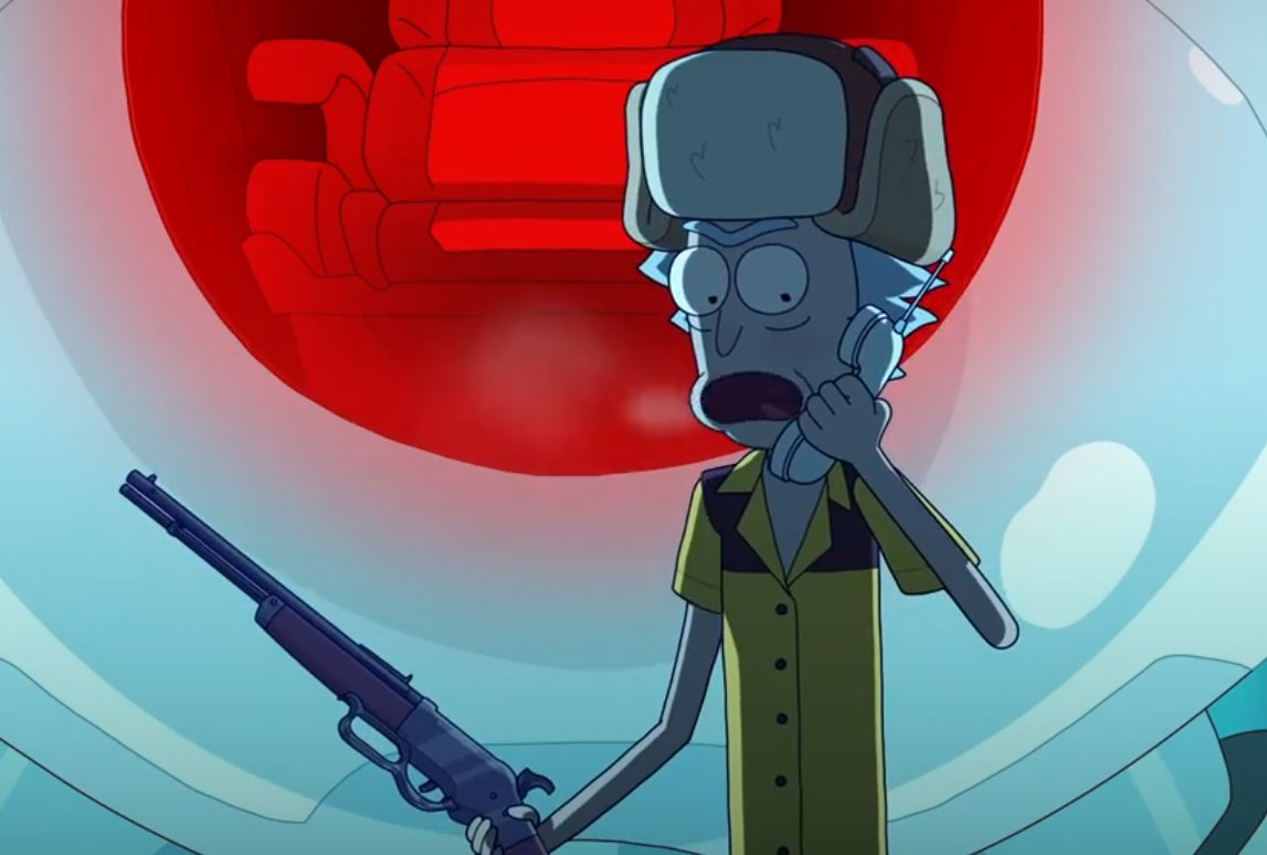 wizardofcause's tweet photo. Is @RickandMorty using AI? Wouldn't an animator know which side a rifle lever goes on between images? Also, the stories kinda suck and the jokes barely exist. https://t.co/hPc7pBDRYW
