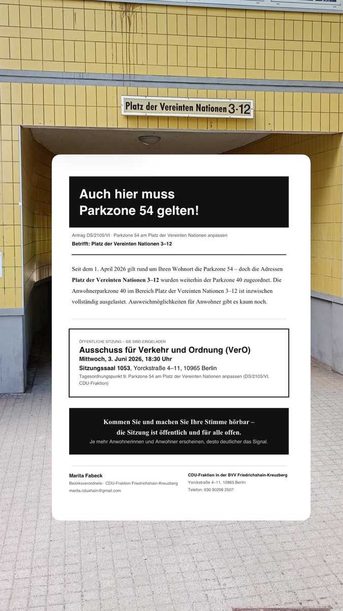 maritafabeckcdu's tweet photo. ❓Wie kann so etwas passieren?
Mit der Einführung der #Parkzone 54 wurden die Anwohner am #PlatzderVereinten Nationen offenbar schlicht vergessen. Direkt angrenzende Straßen gehören zur Zone 54 – die Hausnummern 3–12 jedoch nicht. Diese Fehlplanung gehört sofort korrigiert! https://t.co/WeG9jgLX3B
