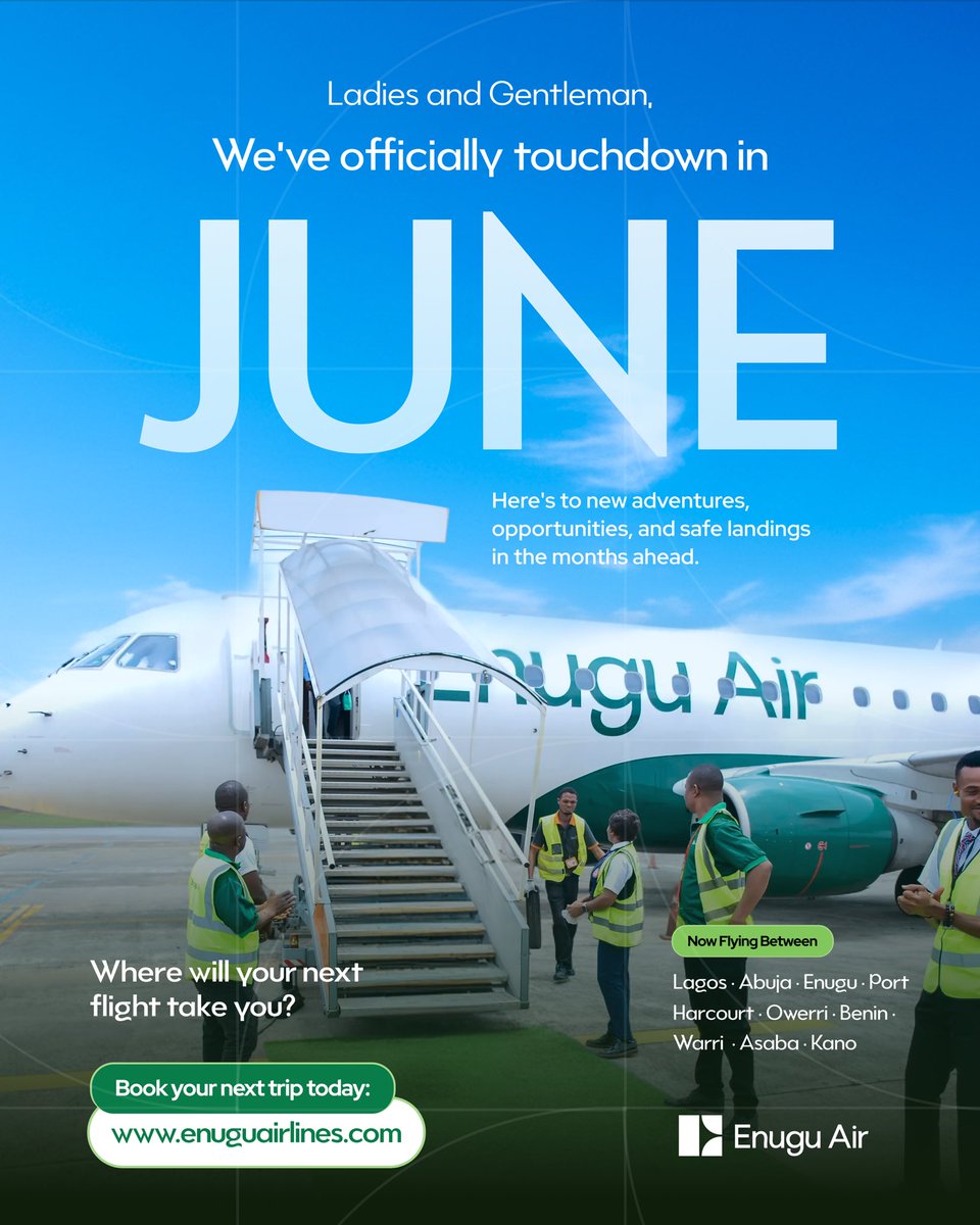 EnuguAirlines's tweet photo. Welcome to June! 

A new month is here, bringing fresh opportunities to travel, explore, and create unforgettable memories.

Where will your next flight take you?

Book your next trip today: https://t.co/6RaLDPsCxr

Now Flying: Lagos • Abuja • Enugu • Port Harcourt • Owerri • Benin • Warri • Kano • Asaba