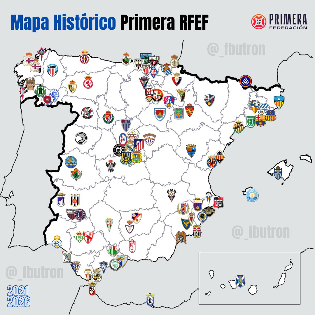 _fbutron's tweet photo. 🗺️ Ya conocidos los equipos que llegarán el año que viene a la @Primera_RFEF, así quedaría el MAPA HISTÓRICO de la categoría con todos los clubes que han pasado hasta ahora por ella.  

Dale "❤️" si el equipo de tu corazón ha tenido la suerte de formar parte de este manicomio. https://t.co/a0j7wNVCVR