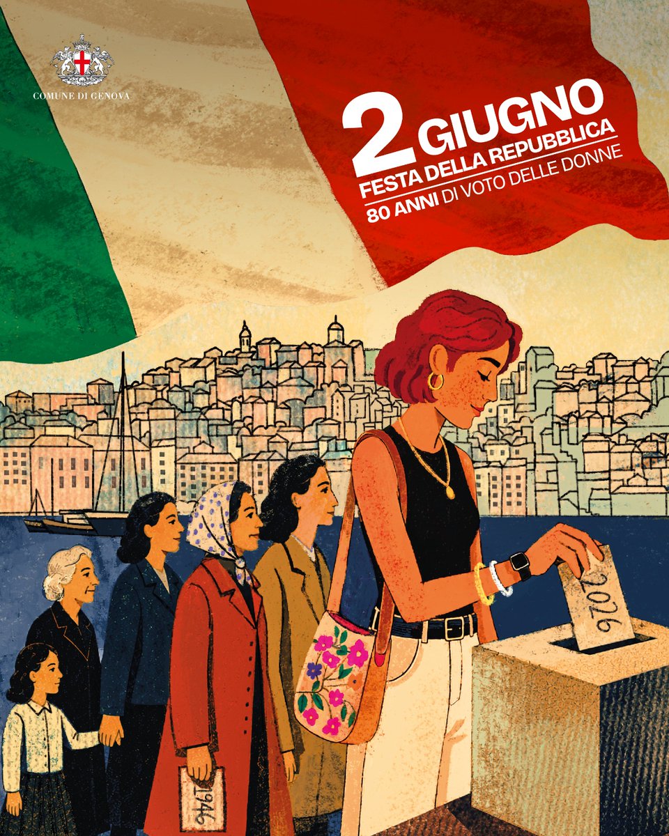 ComunediGenova's tweet photo. 🇮🇹 2 giugno 1946 – 2 giugno 2026: 80 anni dal primo voto delle donne e dalla nascita della Repubblica Italiana

Buona Festa della Repubblica dal Comune di Genova! https://t.co/gl5LvDGYMi