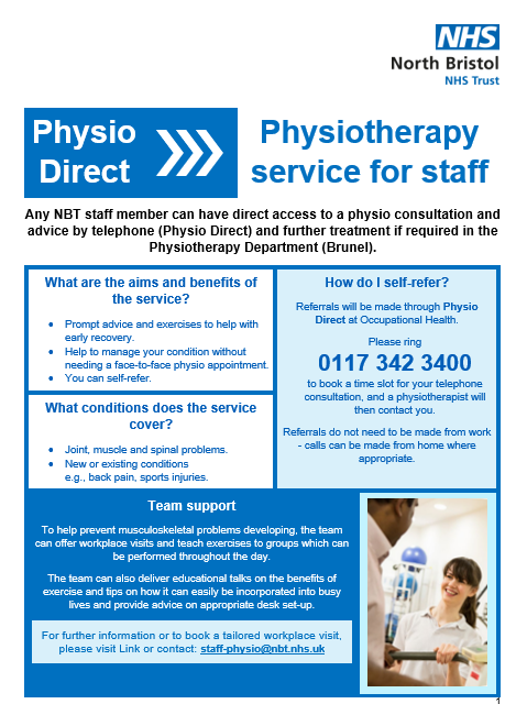 NBTStaffExp's tweet photo. Aches and pains? Physio Direct is the simple way for staff to access physiotherapy services here at NBT, with rapid access via self-referral, covering new and existing musculoskeletal conditions including joint, muscle and spinal problems @NorthBristolNHS https://t.co/bp4eZWiToV