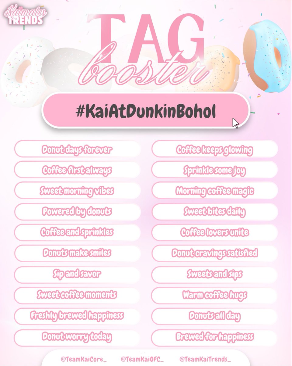 TeamKaiTrends_'s tweet photo. 𝗧𝗮𝗴 𝗕𝗼𝗼𝘀𝘁𝗲𝗿 𝗢𝗻𝗲

Goal: Five hundred replies

Kaimates, let’s make this celebration even sweeter! As we gear up for Kai’s special guest appearance at Dunkin Tagbilaran, don’t forget to follow our tagging guidelines and join the trending party.

Every tweet, repost, reply, and interaction adds a sprinkle of sweetness to our efforts. Together, let’s fill the timeline with excitement and support as we aim for a higher spot

#KaiAtDunkinBohol