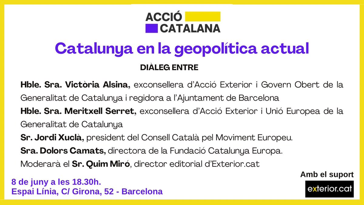 catalana_accio's tweet photo. Recordeu ❗️Dilluns que ve a @espailinia tenim una cita amb Victòria Alsina, Meritxell Serret, Jordi Xuclà i Dolors Camats. Moderats per Quim Miró. 

💡Catalunya en la geopolítica actual 
🗓️ 8 de Juny a les 18.30

T’hi esperem!! https://t.co/TfdwlZ143B