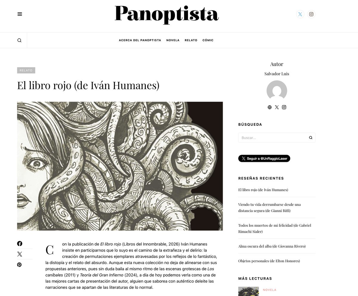 LibrosdelInnomb's tweet photo. El crítico Salvador Luis analiza El libro rojo de Iván Humanes.  Una poética de lo siniestro donde «la falta de lógica y la desfamiliarización de lo cotidiano son innegociables».
Reseña completa: https://t.co/FnZL8uKKsJ
#ElLibroRojo #IvánHumanes #LibrosDelInnombrable #Panoptista https://t.co/Y8xmHycqwL