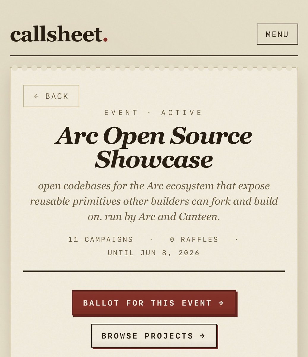hackingdao's tweet photo. Callsheet is currently tracking @arc agora x canteenapp hackathon submissions. 

Project owners can claim their project, create campaigns, get predicted and fund a prize pool for their community and get more exposure. 

Link to event below: https://t.co/fufStm8wmv