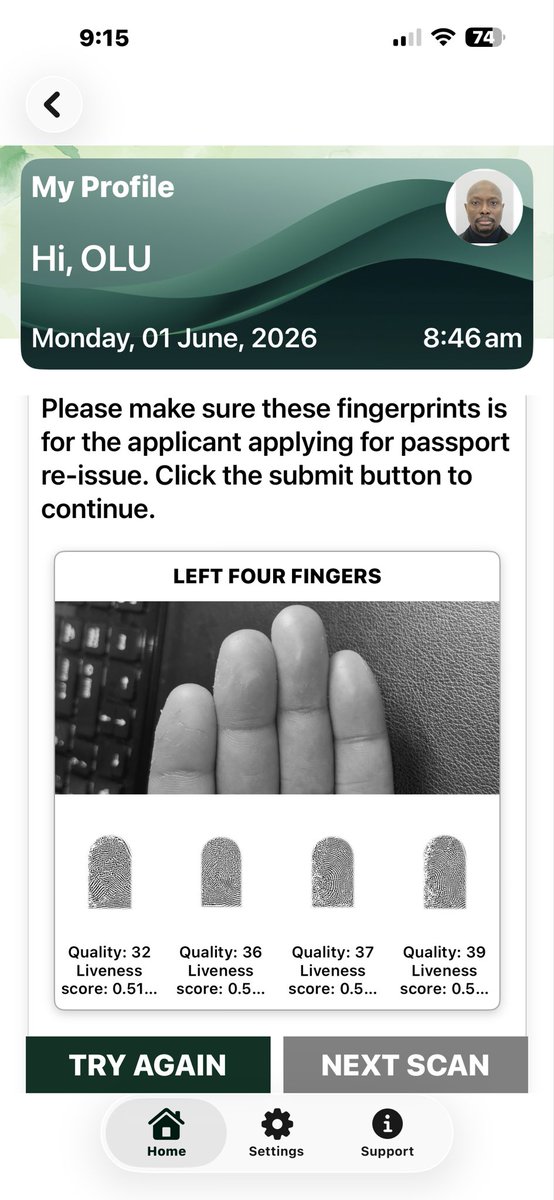 KuyeChris's tweet photo. @nigimmigration @BTOofficial Urgent assistance needed. My wife and I have repeatedly tried to complete biometric fingerprint capture via the contactless passport renewal app, but it consistently fails for both of us. https://t.co/vgV8pFNwbu