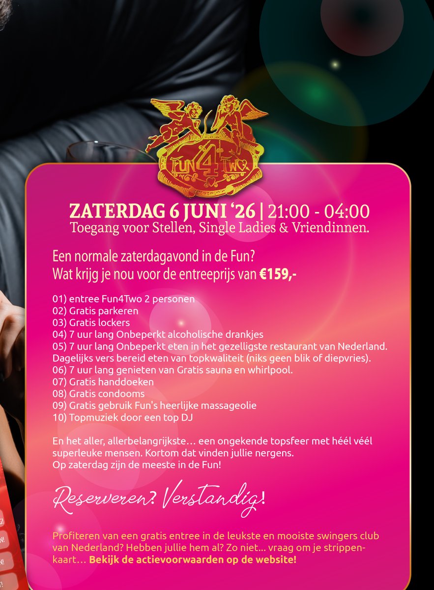 clubfun4two's tweet photo. Ons nieuwe weekend programma staat online op https://t.co/jRrn8J3zQP

Team Fun4Two
#parenclub #swingersclub #programma #ladiesnight
#Fun4Two #weekend #party #singleladies #couples https://t.co/KD2xbbDEmS