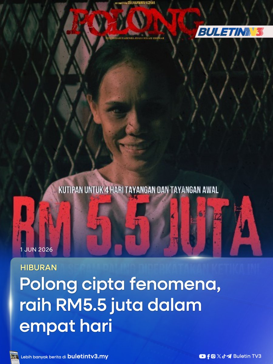 BuletinTV3's tweet photo. HIBURAN | Filem seram tempatan Polong terus mencipta fenomena apabila berjaya meraih kutipan RM5.5 juta dalam tempoh hanya empat hari tayangan.

#BuletinTV3 #BeritaTerkini #Polong #FilemTempatan https://t.co/6QElFyfWES