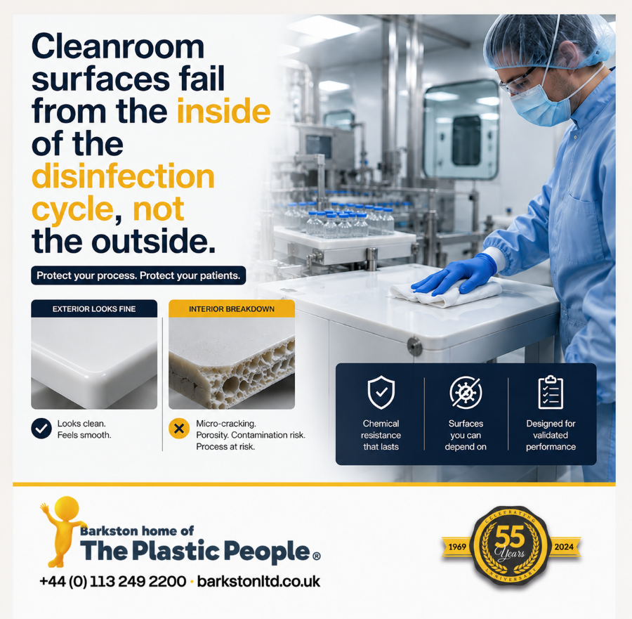 barkstonplastic's tweet photo. Cleanroom surfaces in pharma degrade under repeated disinfection when the material isn't right. Fabricated polypropylene panels are non-porous, chemically resistant and maintain integrity over time. https://t.co/OKgZTjs50e #cleanroom #pharmamanufacturing #ukmfg https://t.co/O2gGJG7ZIi