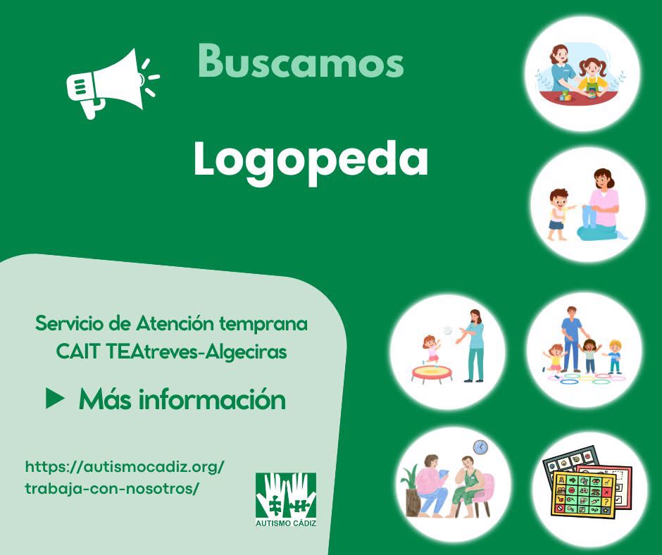 AUTISMO_CADIZ's tweet photo. Os recordamos que tenemos una oferta de trabajo para cubrir una vacante de Logopeda para el CAIT (Centro de Atención Infantil Temprana) TEAtreves en Algeciras.
Toda la información en este enlace:
https://t.co/fh5oYBleNM https://t.co/QeFsP6keKQ
