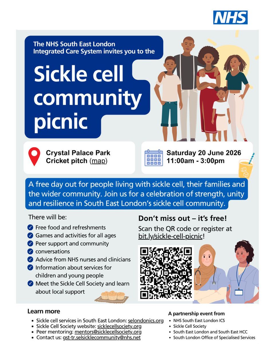 SickleCellUK's tweet photo. Join us for the South East London Sickle Cell Community Picnic! 📅 20 June 2026 |11am–3pm 📍 Crystal Palace Park Cricket Pitch. 
A free day of food, activities, support and community for people living with sickle cell, families and the wider community.🔗 https://t.co/A1XuG3jq9a https://t.co/UbrmOT5kgP