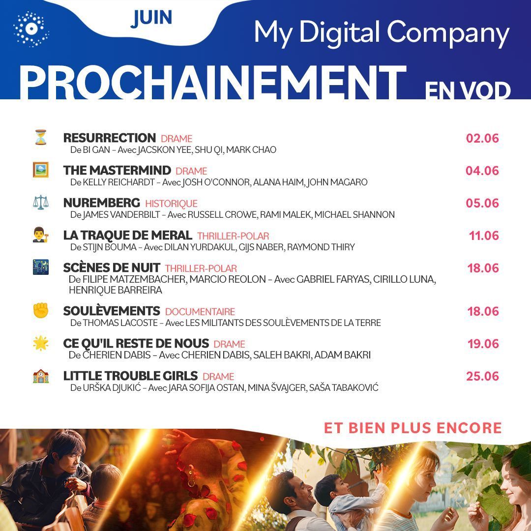 MyDigitalCo_'s tweet photo. ☀️ L’été arrive à grands pas, et avec lui, son lot de nouveautés ! Entre films de guerre, thrillers, cinéma d’auteur et engagé, il y en aura pour tous les goûts. Découvrez nos nouveaux titres de juin, très bientôt disponibles en #VOD 🍿🎥 https://t.co/yKroSw4ndz