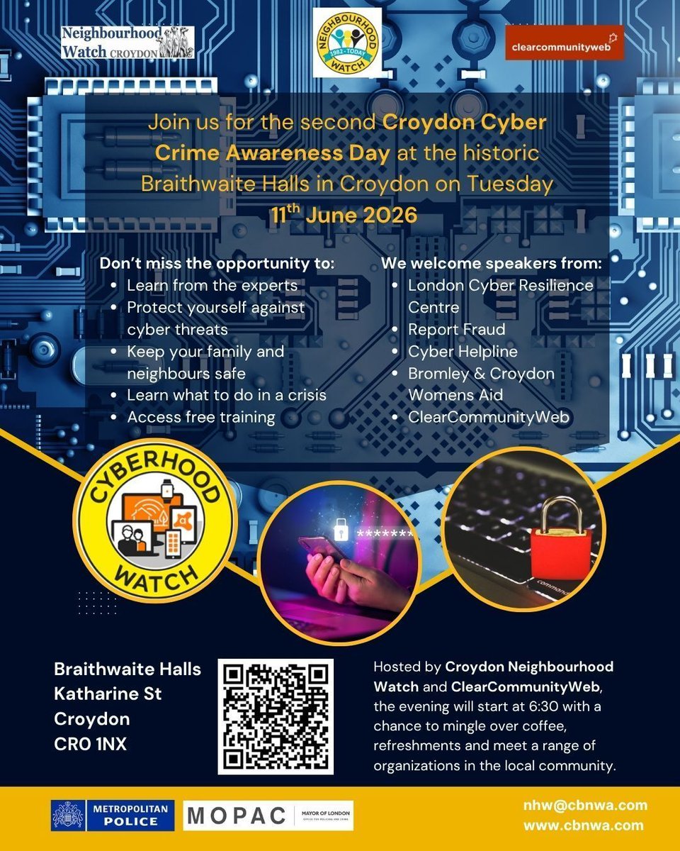 ClearCommunity's tweet photo. Get your tickets for this year's Croydon Cyber Crime Awareness Day 2026!
Speakers include @London_CRC #TheCyberHelpline @BromleyWA @reportfrauduk 

Keepin our community #CyberSafe

📍Braithwaite Hall #Croydon 
📅June 11th 

https://t.co/ksTpSZGCb6

#OnlineSafety #StaySafeOnline https://t.co/CdDPzJ1b2h