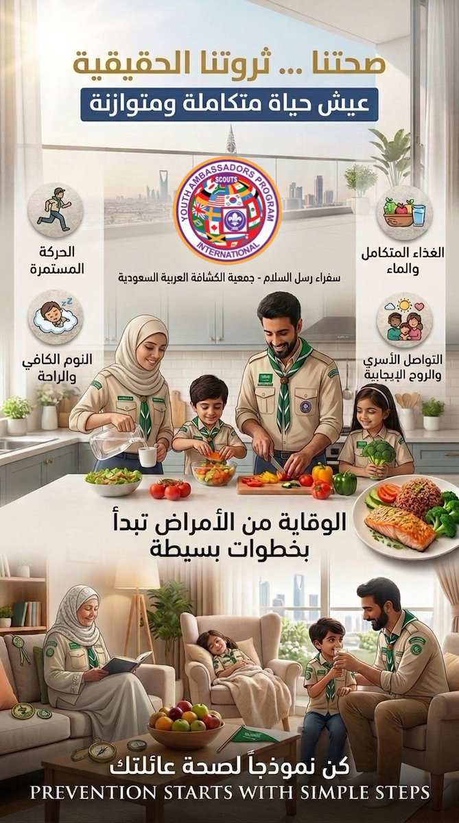 aliabandi1's tweet photo. 🩺 صِحتنا هي ثروتنا الحقيقية، وبخطوات بسيطة ونمط حياة متوازن نحمي أنفسنا وعائلاتنا.
"كن مستعداً" دائماً بحياة صحية متكاملة! 🏕️💪
الوقاية من الأمراض لا تحتاج لجهد شاق، بل تبدأ من خطوات يومية بسيطة: ممارسة الرياضة، تناول الغذاء المتوازن، ونشر الإيجابية في بيتك.

#سفراء_رسل_السلام الكشفي العالمي.. سفراء للمحبة، والسلام، والصحة المستدامة. 🕊️💚