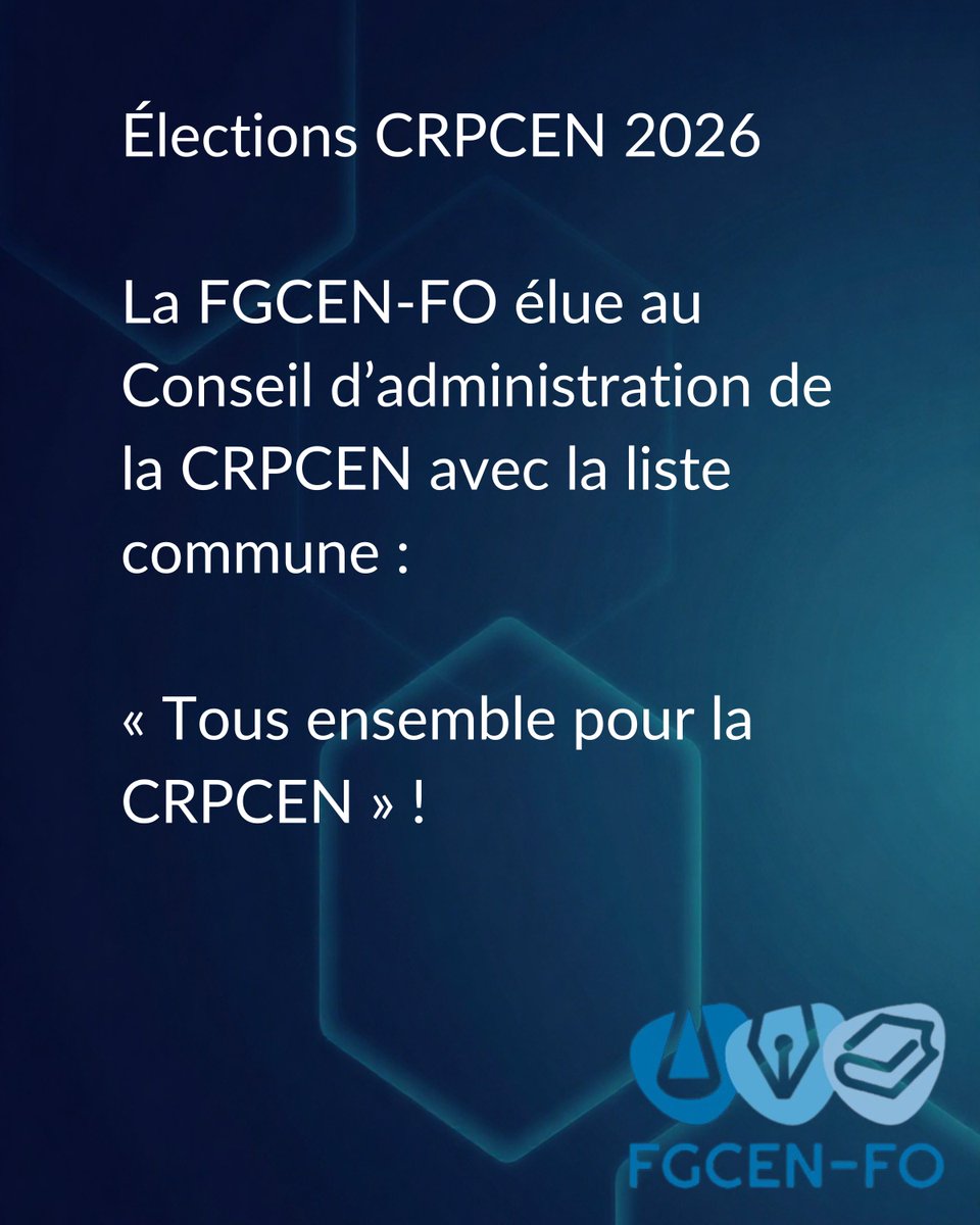 FGCENFO's tweet photo. Élections CRPCEN 2026
La FGCEN-FO remercie les électeurs.
Avec la liste « Tous ensemble pour la CRPCEN », nous siégerons au CA pour défendre actifs et retraités.
La faible participation rappelle l’enjeu : mieux informer et rapprocher la CRPCEN de ses affiliés. https://t.co/bGGtUEiiGn