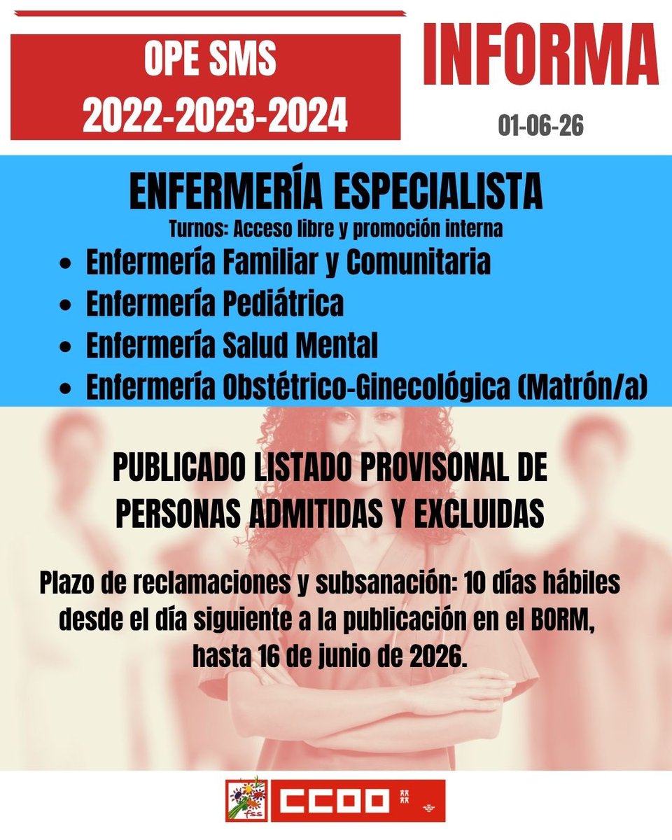 fssccoorm's tweet photo. CONVOCATORIAS OPE SMS 2022, 2023 y 2024
Listados provisionales de personas admitidas y excluidas de varias categorías.

Más información: 

https://t.co/DqieLBVvh7 https://t.co/rR8ryDBg1h